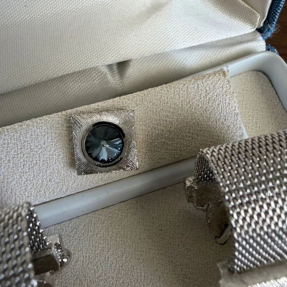 Vintage Esquire Dante Rivoli Rhinestone Mesh Cufflinks Tie Tack Set Silver Tone